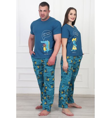 Муж. пижама "Крокодильчики" Синий-петроль р. 48